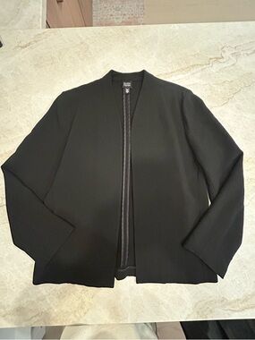 Eileen Fisher Italian Fabric Wool Blend Blazer Black Open Front Minimalist M
